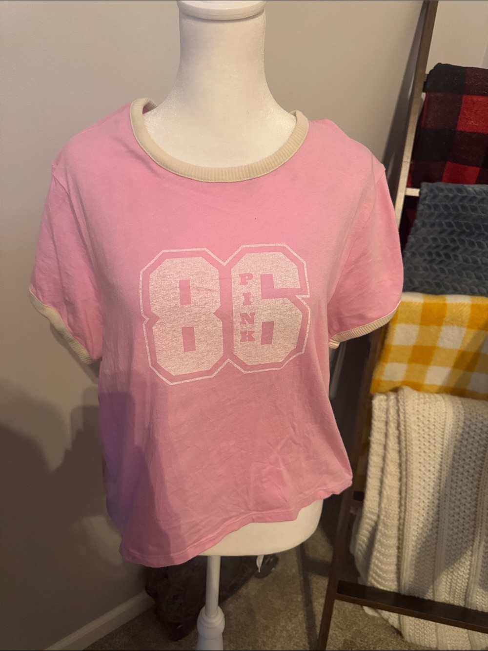 PINK Victoria's Secret Light Pink '86' Ringer Tee with Cream Trim